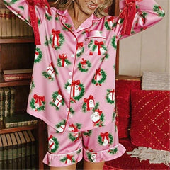Christmas Print Button Up Long Sleeve Top and Shorts Pajamas Sets