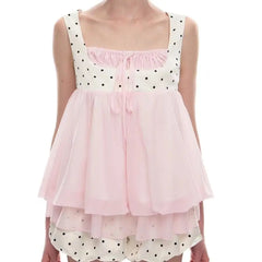 Pink Sleeveless Square Neck Polka Dot Top And Mini Skirt Set