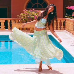 Stripe Print Open Back Tie Crop Top And Midi Skirt Set