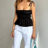 Peplum Ruched Tie Up Strap Crop Top