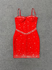 Spaghetti Straps Pearls Rhinestone Bandage Mini Dress