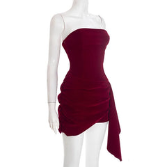 Velvet Strapless Ribbon Pleated Mini Dress