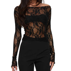 Black Lace Sheer Long Sleeve Top