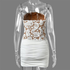 White Strapless Lace Corset Ruched Hem Bodycon Mini Dress