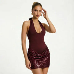 Sequin Patchwork Halter Tank Mini Bodycon Dress
