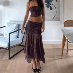Purple Polka Dot Mesh Cami Crop Top And Irregular Hem Pencil Mid Skirts Set