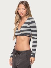 Striped Deep V-Neck Long Sleeve Crop Top