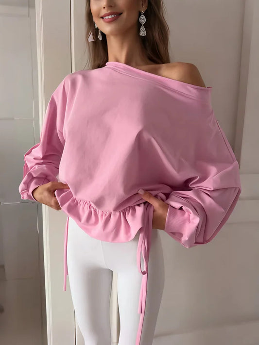 Off Shoulder Drawstring Hem Sweatshirt