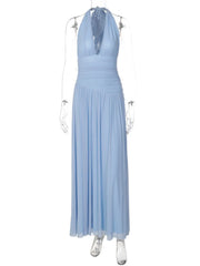 Blue Halter Deep V Neck Tie Up Ruched Waist Maxi Dress