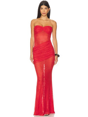Red Strapless Mesh Ruched Maxi Dress