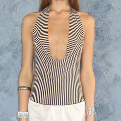 Plunge U Neck Open Back Striped Top