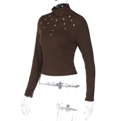 Ribbed High Collar Buttons Cropped Top