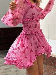 Printed Pink Long Sleeve Ruffles Edge Mini Dress