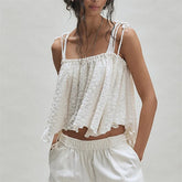 3D Floral Textured Spaghetti Tie Strap Cropped Top