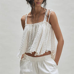 3D Floral Textured Spaghetti Tie Strap Cropped Top