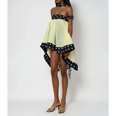Polka Dots Trim Choker Off Shoulder Strap Bubble Mini Dress