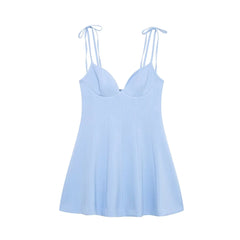 Blue Tie Up Bow Sweet Heart Neckline Mini Dress