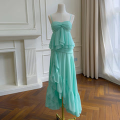 Green Babydoll Tube Crop Top And Ruffle Midi Skirt Set