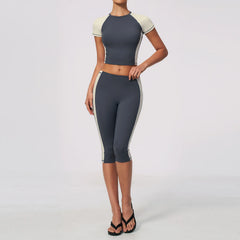 Two-Tone Contrast Seam Crop Top And Capri Leggings Set