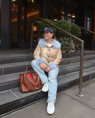 Deer Print Blue Faux Fur Cropped Jacket