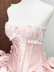 Pink Satin Corset 3d Flower Ruffles Mini Dress