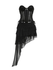 Black Lace-up Corset Top And Ruffles Split Long Skirt Set