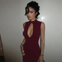Hollow Out High Collar Bodycon Sleeveless Mini Dress