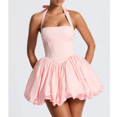 Polka Dot Halter Puff Mini Dress