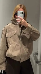 Brown Suede Zipper Cropped Jacket