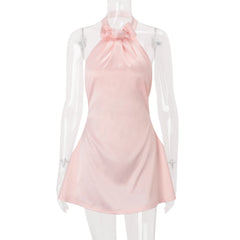 Pink Satin Halter Bow Tie A Line Mini Dress