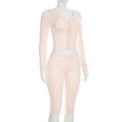Lace Trim Button Front Cropped Top And Capri Pants Set