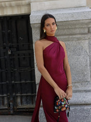 Satin Halter Drape Maxi Dress