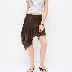 Brown Lace Bead String Belt Irregular Hem Skirt