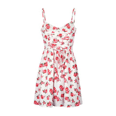 White Floral Print Tie Up Strap Midi Dress