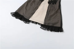 Black Sheer Layer V-neck Embroidery Ruffled Hem Mini Dress