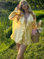 Ruffle Tie Up Shirt And Shorts Two Piece Set