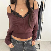 Off Shoulder Lace Trim Knit Long Sleeve Top