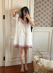 White Embroidered Collar Mini Night Gown