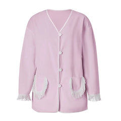 Long Sleeve Button‑Down Tassel Fringe Pocket Top And Elastic Waist Shorts Loungewear Set