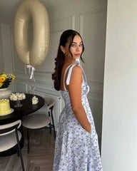 Blue Printed Midi Tie Up Dress