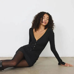 Long Sleeve Ribbed Button Up Ruched Waist Bodycon Mini Dress