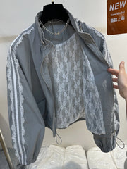 Lace Trim Stand-up Collar Zipper Jacket