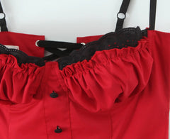 Red Front Button Hem Ruffle A-line Mini Dress