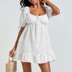 White Puff Sleeve Square Collar Babydoll Mini Dress