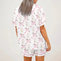 Bunny Bow/Clover Short Sleeve Button-up Top And Shorts Pajama Set
