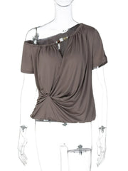 Off Shoulder Short Sleeve Folds T-shirt