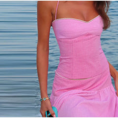 Stripe Patchwork Halter Top And Long Skirt Set