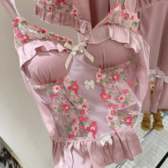 Pink Lace Embroidery 4 Piece Pajama Set
