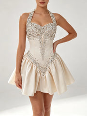 Diamond Beaded Tie-Up Neck A-Line Mini Dress