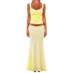 Women's floral lace-up corset crop top and matching mermaid long skirt set.